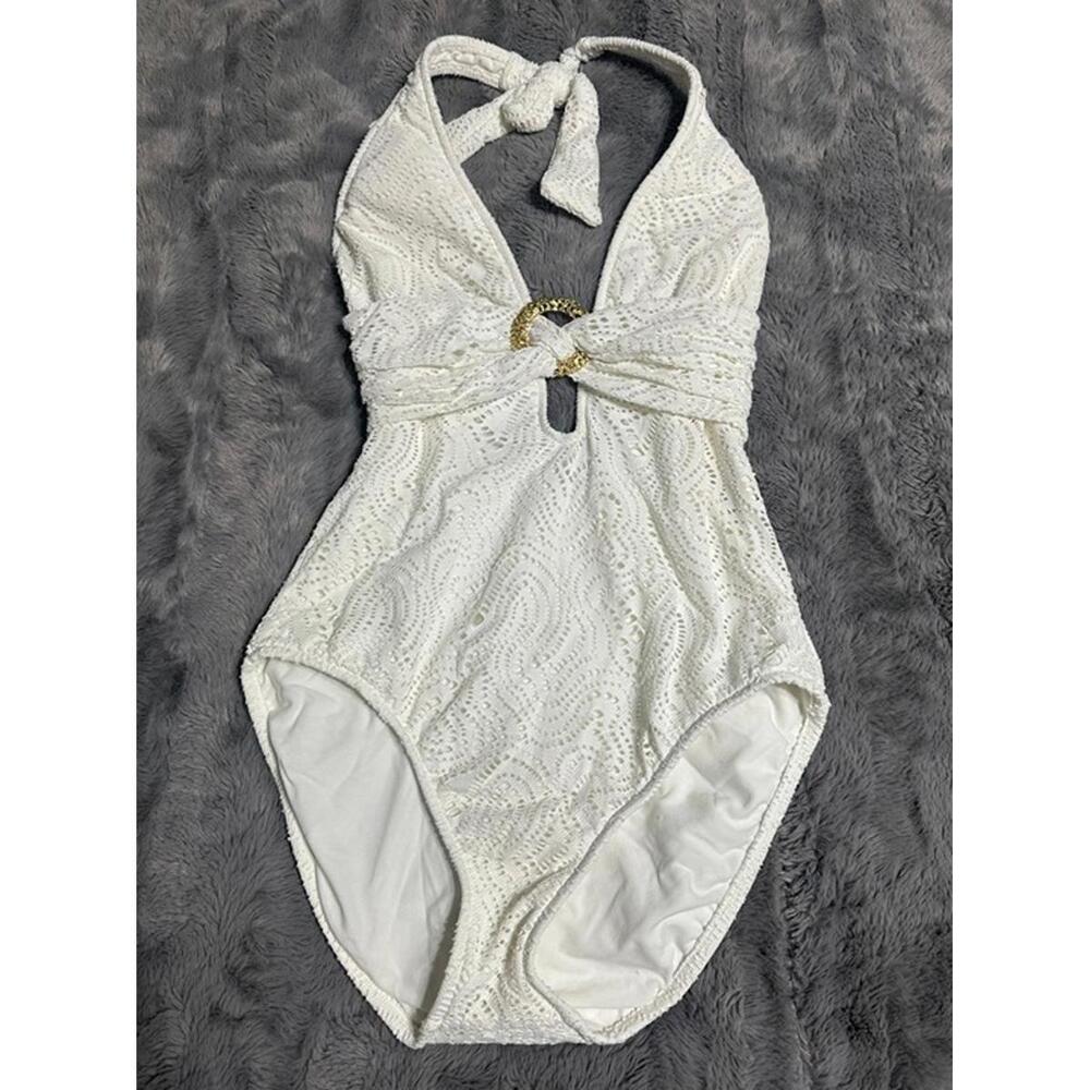 Trina Turk White Crochet Halter One-Piece Swimsuit – Size 8